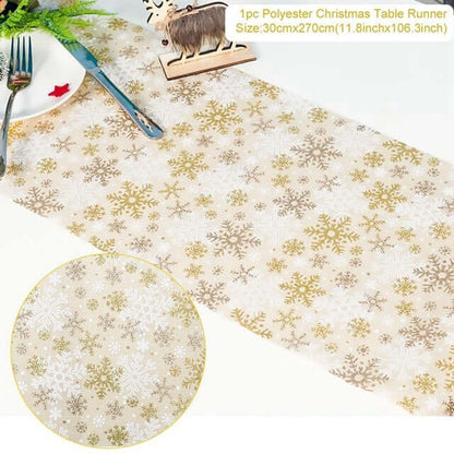 Polyester Christmas table runner with gold and white snowflake pattern, festive table setting