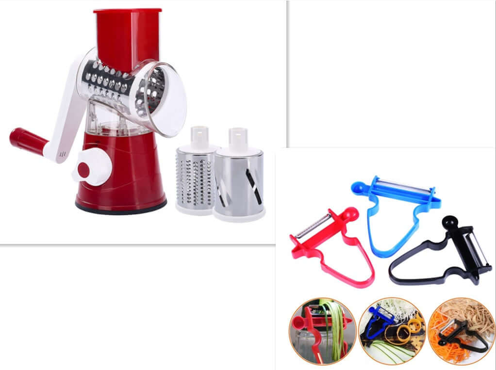 Manual rotary cheese grater with interchangeable blades and set of colorful vegetable peelers