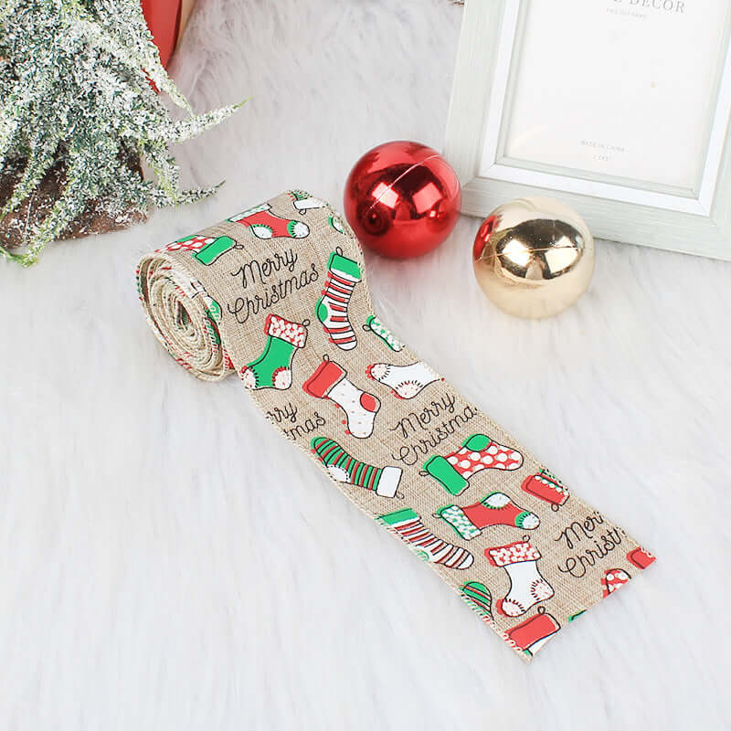 Merry Christmas decorative ribbon with holiday stockings, ornaments, and festive decor