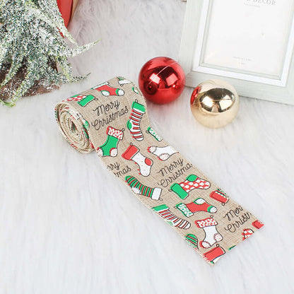 Merry Christmas decorative ribbon with holiday stockings, ornaments, and festive decor