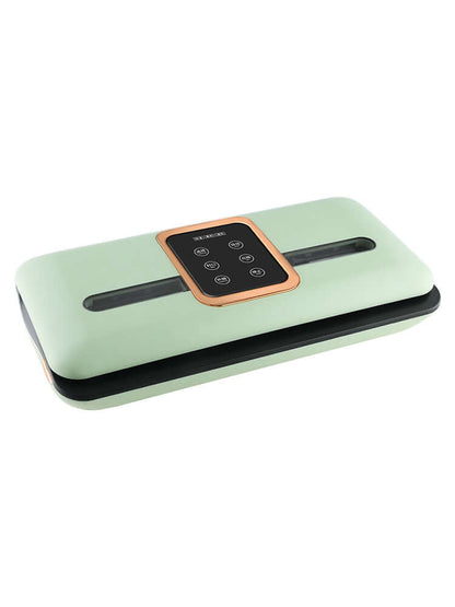 Mint green vacuum sealer machine with digital touch controls for kitchen food storage