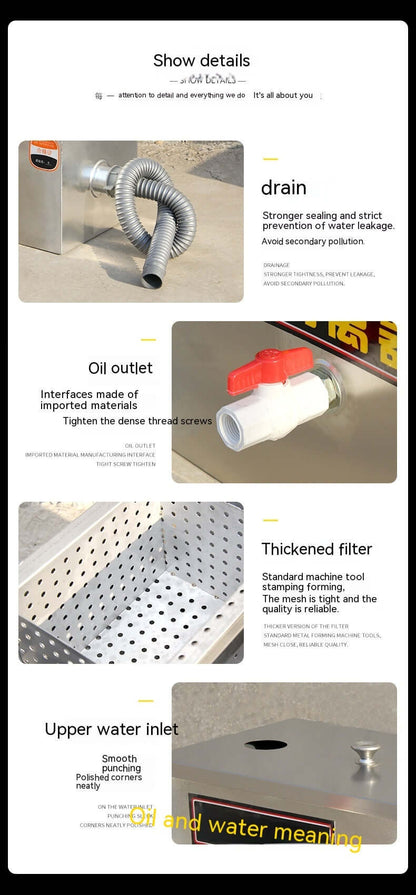 Stainless steel kitchen oil separator with drain hose, oil outlet, filter basket, and water inlet.