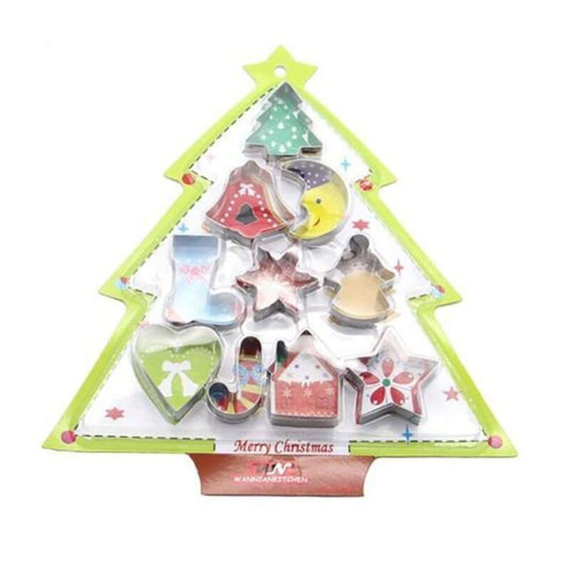 Christmas-themed cookie cutter set in tree-shaped packaging, festive kitchen accessory.