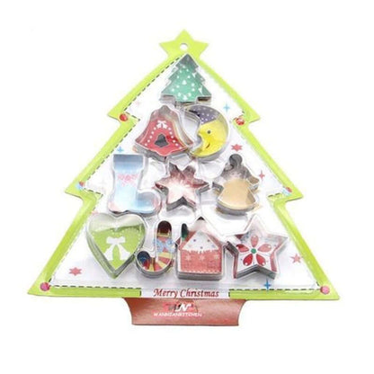 Christmas-themed cookie cutter set in tree-shaped packaging, festive kitchen accessory.