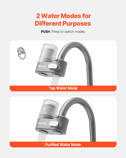 Kitchen faucet water filter with two modes, tap water and purified water, shown on a sink.
