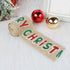 Burlap Merry Christmas ribbon with red and green letters, Christmas ornaments, festive decor
