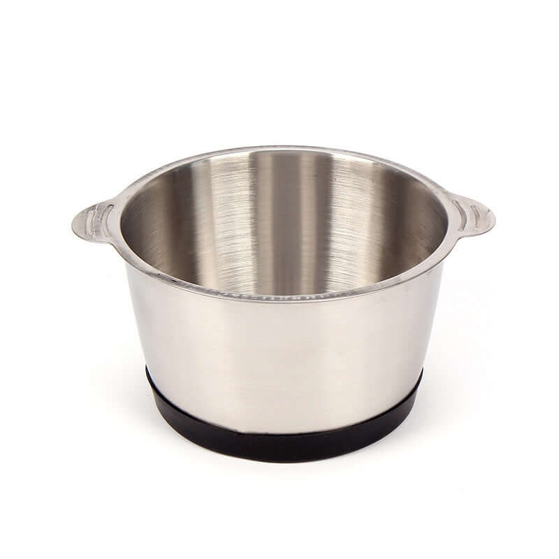Stainless steel mixing bowl with handles and non-slip black base on white background