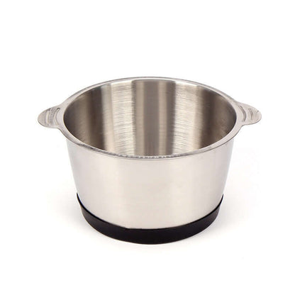 Stainless steel mixing bowl with handles and non-slip black base on white background