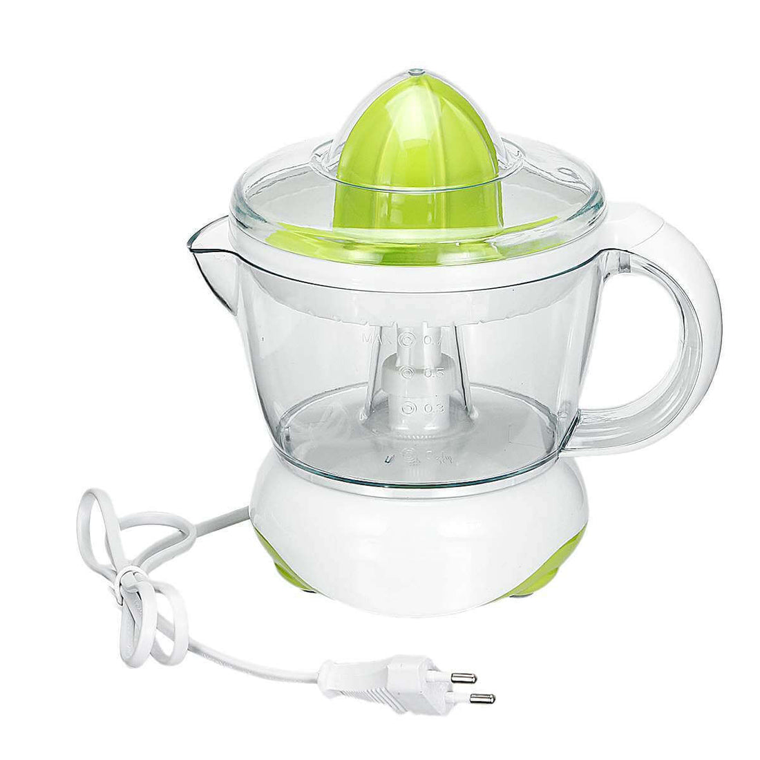 Electric citrus juicer with transparent container, green lid, and white power cord