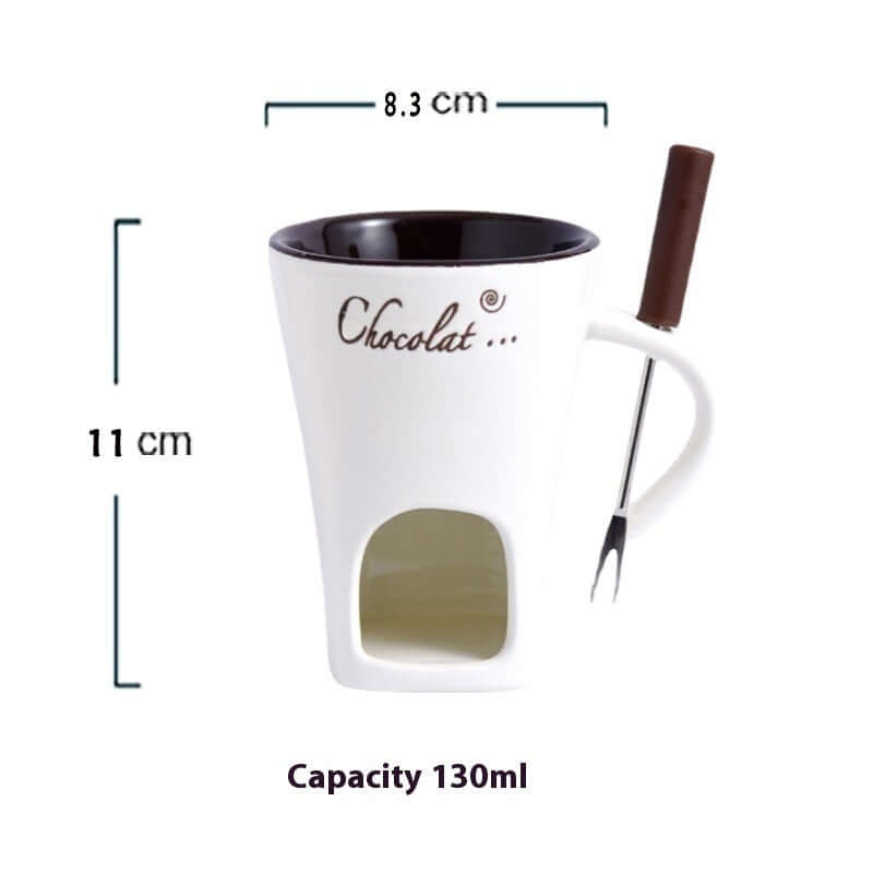 White ceramic fondue mug with fork, 130ml capacity, labeled Chocolat, kitchen accessory