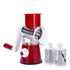 Red rotary cheese grater with three stainless steel drum attachments for kitchen use