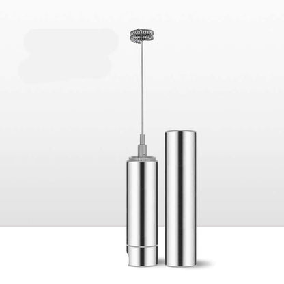 Stainless steel handheld milk frother with detachable cover on white background