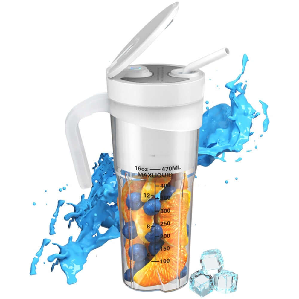 Portable blender cup with measuring marks, filled with orange slices and blueberries, water splash and ice cubes