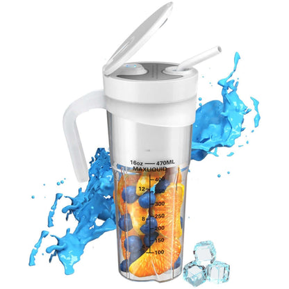 Portable blender cup with measuring marks, filled with orange slices and blueberries, water splash and ice cubes