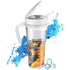 Portable blender cup with measuring marks, filled with orange slices and blueberries, water splash and ice cubes