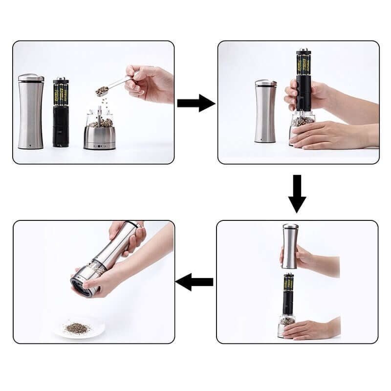 Step-by-step use of a stainless steel electric pepper grinder with batteries and peppercorns.