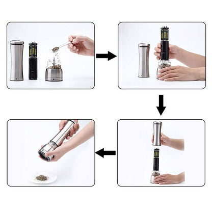 Step-by-step use of a stainless steel electric pepper grinder with batteries and peppercorns.