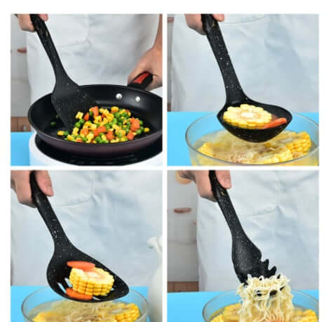 Multipurpose black kitchen utensil used for cooking, scooping vegetables, corn, and noodles
