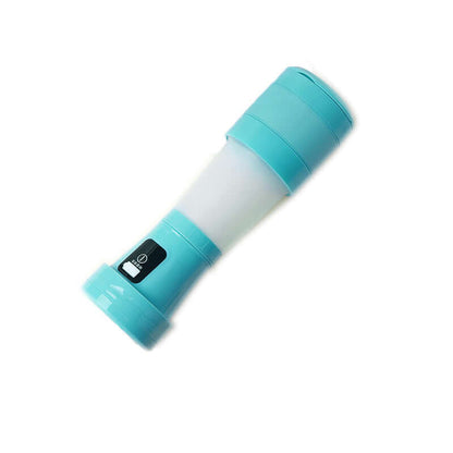 Light blue portable LED flashlight with black on-off switch, isolated on white background