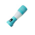 Light blue portable LED flashlight with black on-off switch, isolated on white background