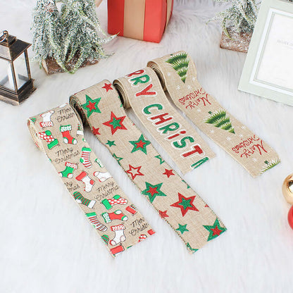 Christmas theme decorative ribbons with stockings, stars, trees, and text on white background