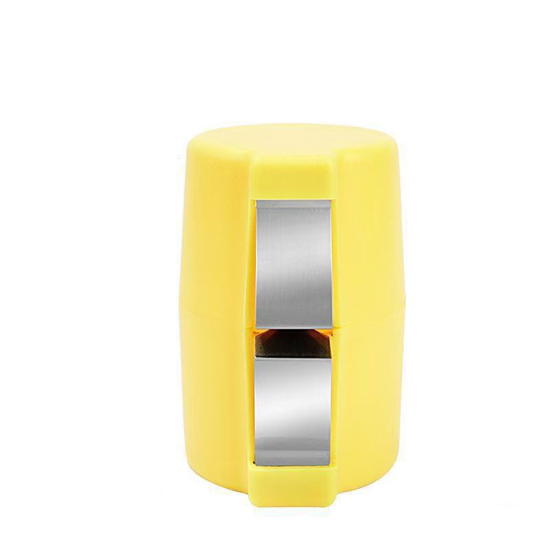 Yellow kitchen knife sharpener with stainless steel slots on white background