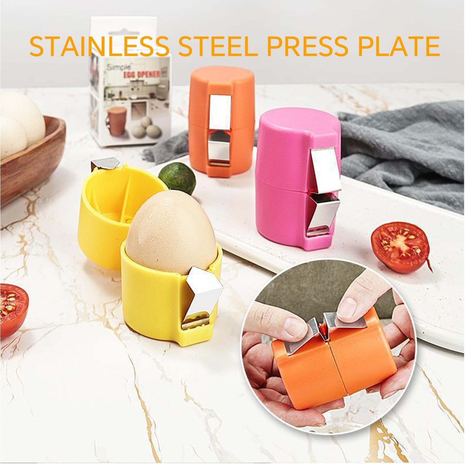 Colorful plastic egg openers with stainless steel press plate for cracking eggs in kitchen