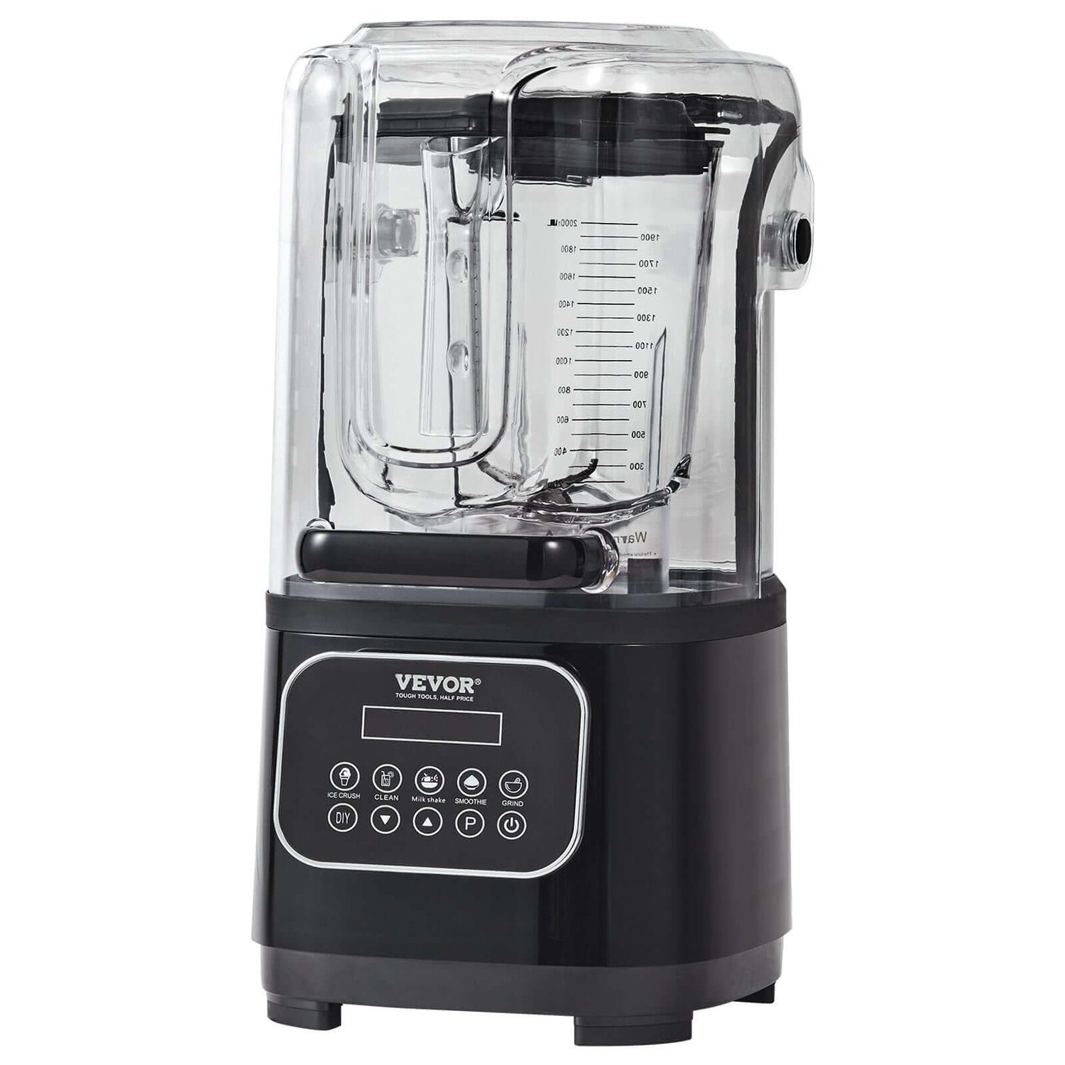 Black countertop blender with digital controls and clear soundproof cover for kitchen use