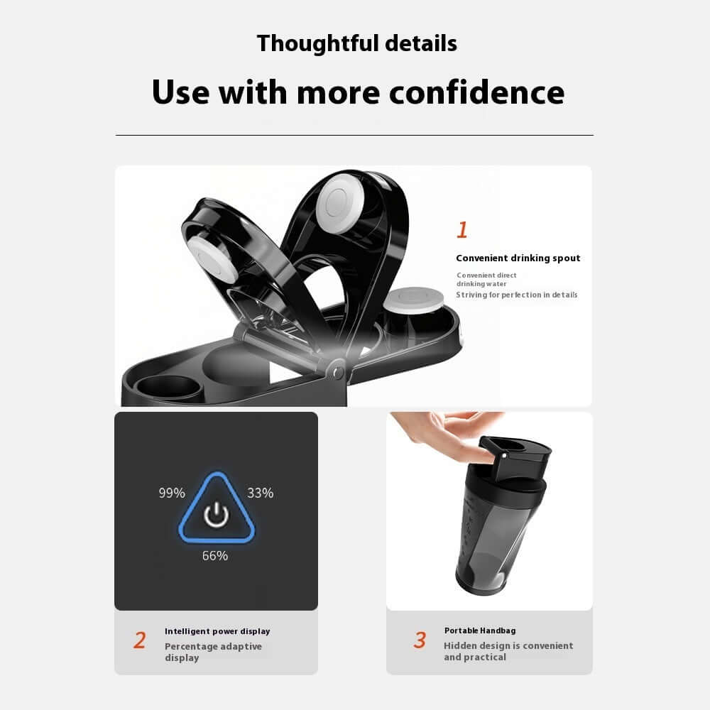 Smart water bottle with convenient spout, power display, and portable handle design.