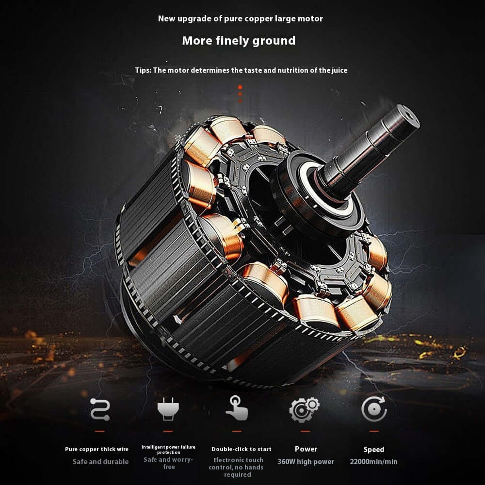 Upgraded pure copper large motor with 360W power for kitchen appliance, features highlighted.