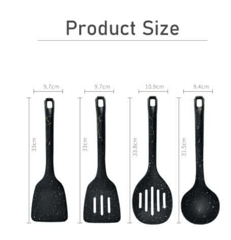 Set of four black kitchen utensils with measurements, including spatulas and serving spoons.
