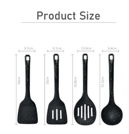 Set of four black kitchen utensils with measurements, including spatulas and serving spoons.