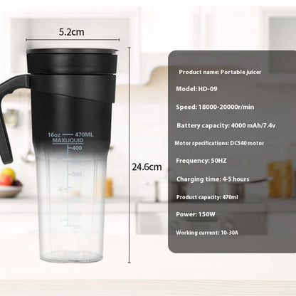 Portable juicer with black lid, 470ml capacity, and measurement markings on kitchen counter