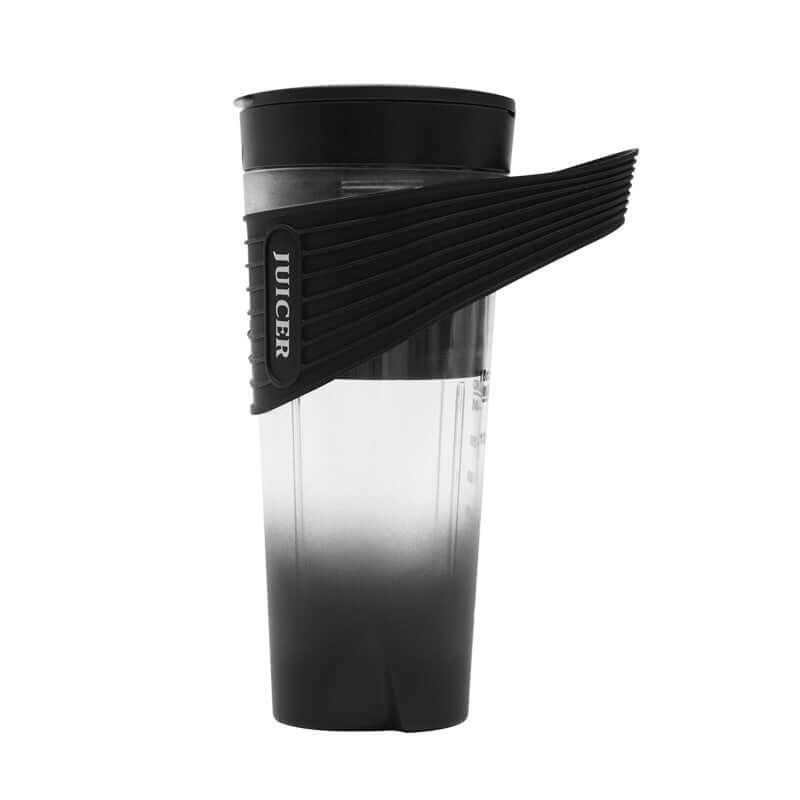 Portable black and clear plastic juicer cup with lid and ergonomic grip for kitchen use