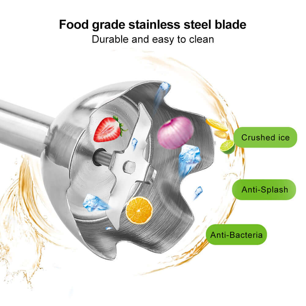 Stainless steel blender blade with fruits, ice, and text highlighting features like anti-splash and crushed ice.