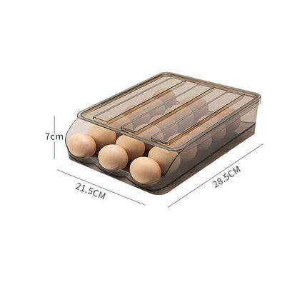 Clear plastic egg storage container with lid, holding eggs, labeled dimensions 28.5x21.5x7cm