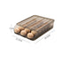 Clear plastic egg storage container with lid, holding eggs, labeled dimensions 28.5x21.5x7cm