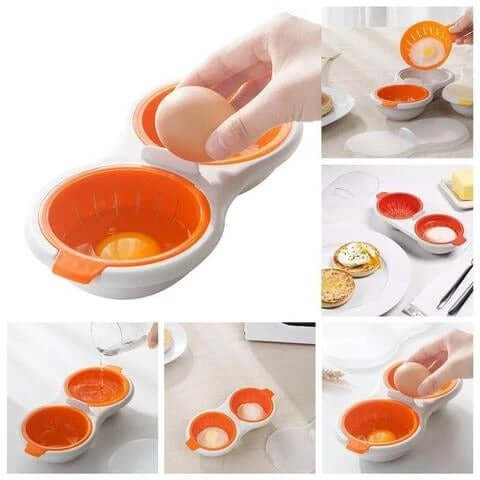 Hand using an egg separator tool with orange and white plastic cups in a kitchen setting.