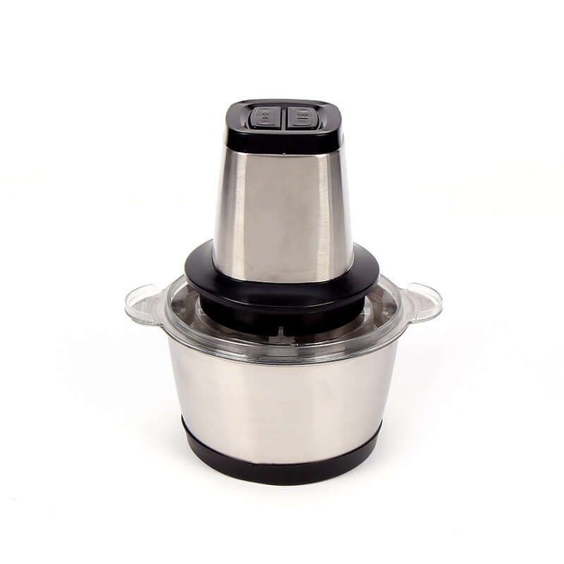 Stainless steel electric food chopper with clear lid on white background