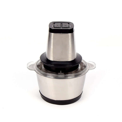 Stainless steel electric food chopper with clear lid on white background