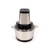 Stainless steel electric food chopper with clear lid on white background