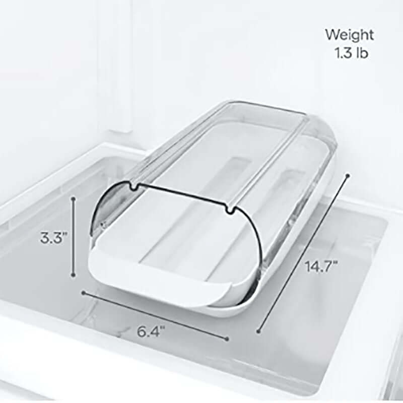 Clear plastic refrigerator organizer bin with lid, labeled dimensions 14.7 x 6.4 x 3.3 inches.