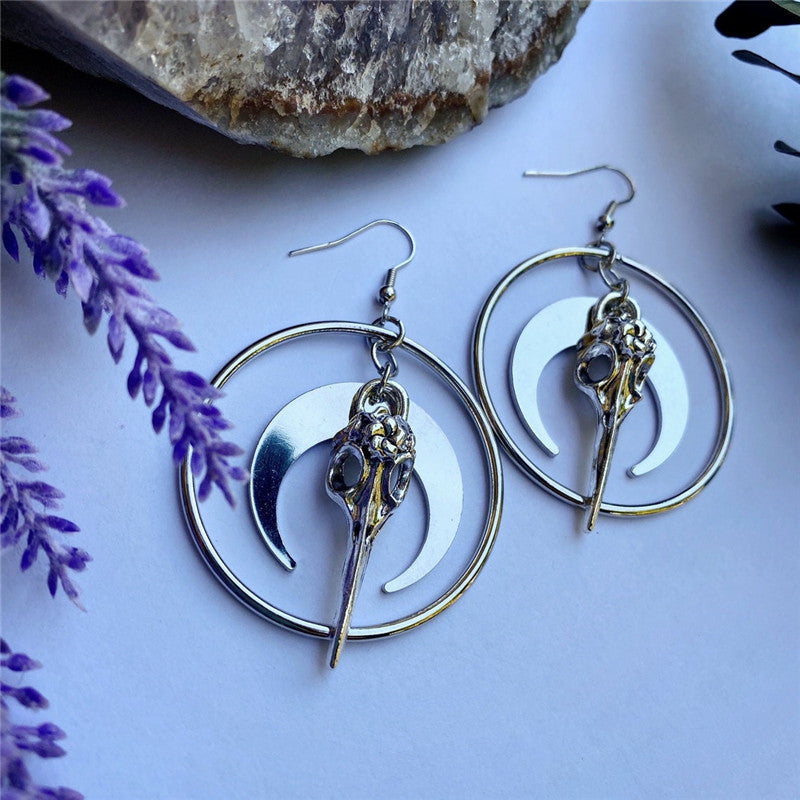 Crow Head Circle Pendant Earrings Halloween Themed