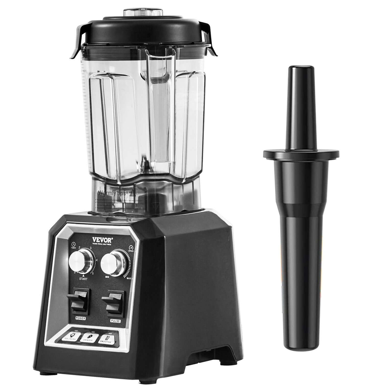 Black countertop blender with clear pitcher and separate tamper tool for kitchen use
