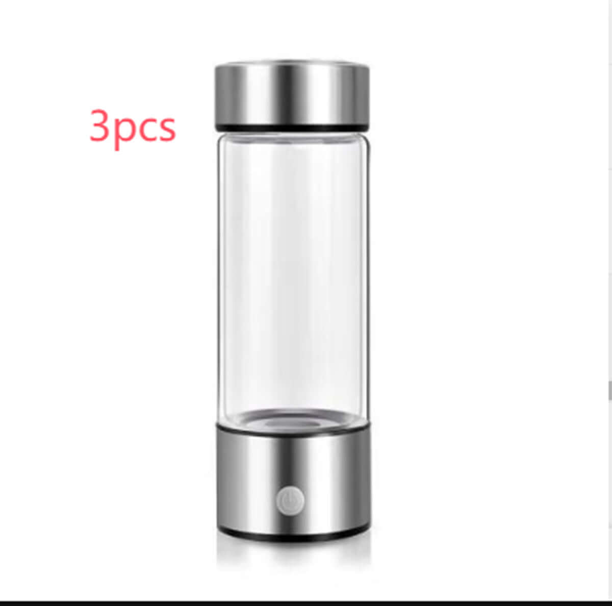 Stainless steel portable blender bottle with clear glass body, silver lid, and base, 3 pieces