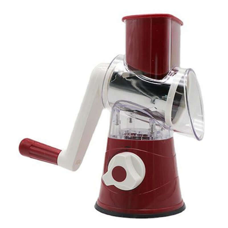 Manual rotary cheese grater with handle, red and white plastic kitchen tool