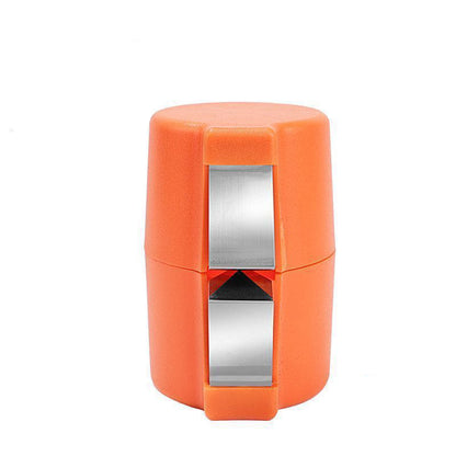 Orange handheld knife sharpener with dual steel sharpening slots for kitchen use