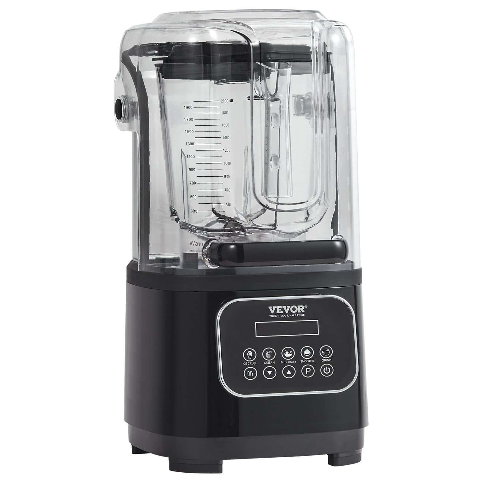 Black countertop blender with soundproof cover and digital controls for kitchen use