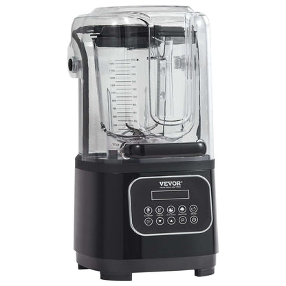 Black countertop blender with soundproof cover and digital controls for kitchen use