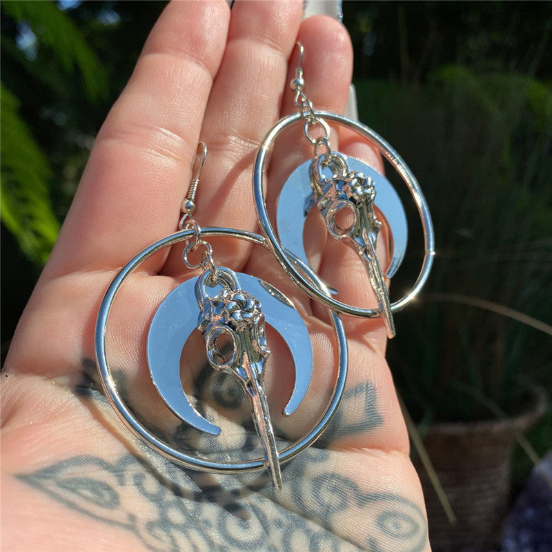 Crow Head Circle Pendant Earrings Halloween Themed